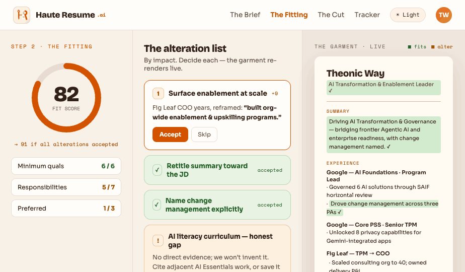 The Fitting — the résumé as a live garment, alterations highlighted as you accept them