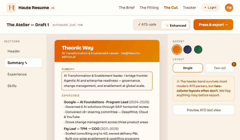 The Atelier — editing the résumé sections with an ATS-safe check
